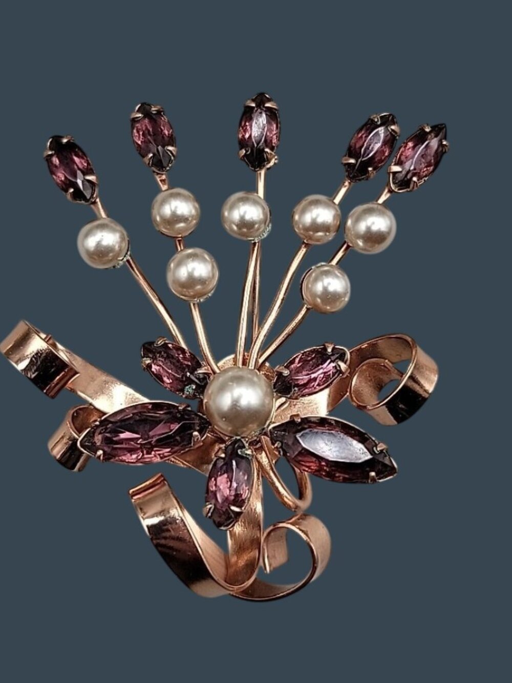 Vintage Large Amethyst Rhinestone Faux Pearl Rose Gold Plated Spray Brooch